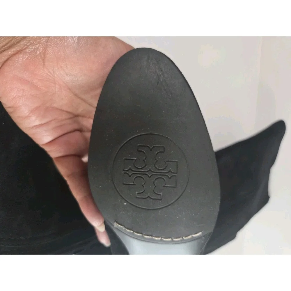 Tory Burch Black Suede Riding Boots Gold Logo Hardware Women's Size 8M Knee High